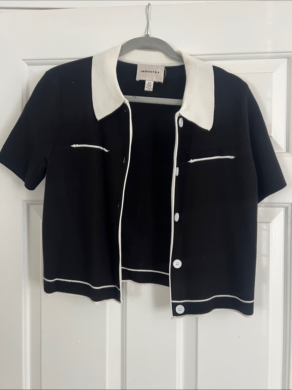 Industry Black & White Short-Sleeve Cardigan Sweater